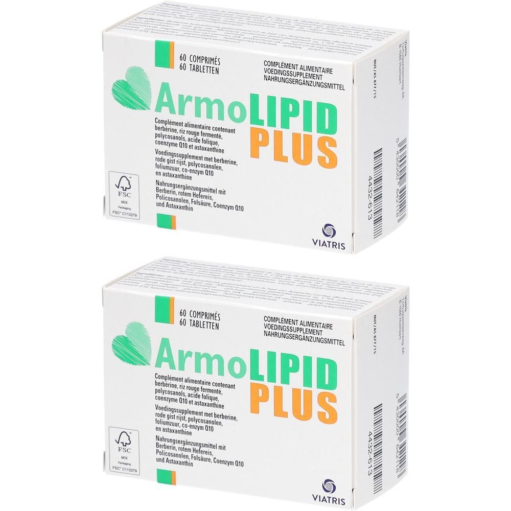Deux boîtes Armolipid Plus. Emballage blanc avec accents verts et orange. Texte: 60 comprimés, Viatris.