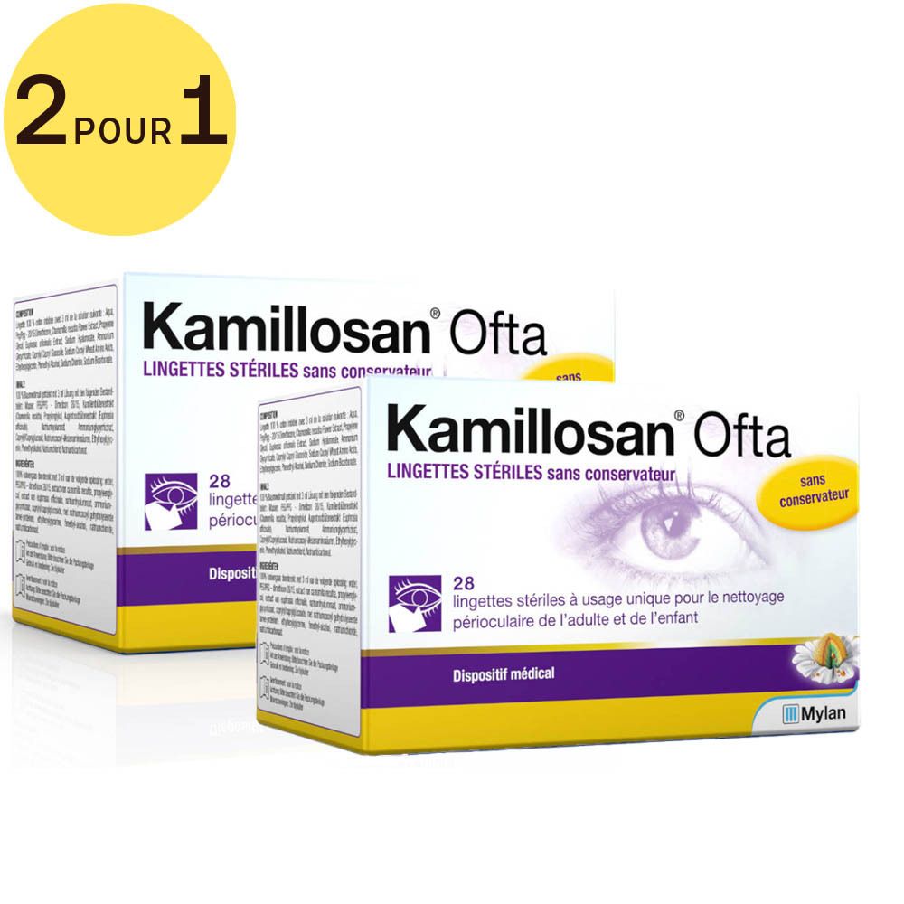 Deux boîtes de Kamillosan Ofta. Boîtes blanches avec des accents violets et jaunes. Inscription: Kamillosan Ofta, 28 lingettes stériles, sans conservateur.