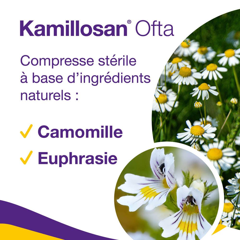 Gros plan sur un œil d'enfant bleu avec le texte 'Compresse pour l'hygiène quotidienne des yeux'.