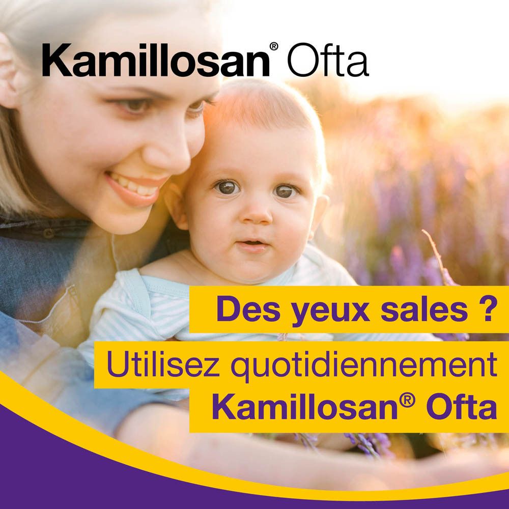 Kamillosan® Oftal DAILY : Nettoie, protège, hydrate, apaise. Extrait de camomille et acide hyaluronique.