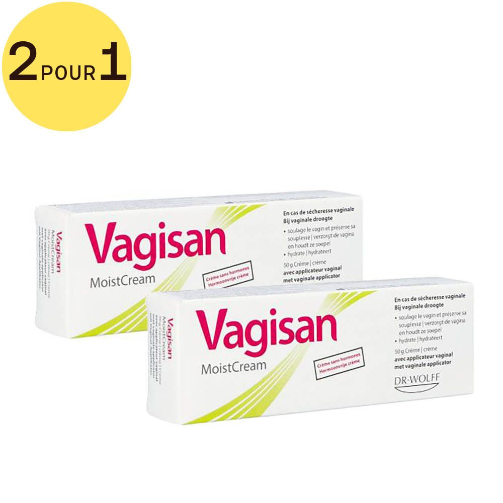 Deux boîtes avec l'inscription: Vagisan MoistCream. Cercle jaune avec l'inscription: 2 pour 1. Boîtes blanches.