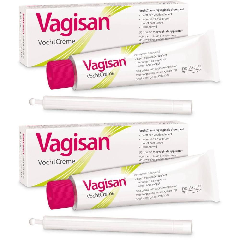 Deux tubes et deux applicateurs. Inscription: Vagisan VochtCrème. Bouchon rouge, tube blanc. Applicateur inclus.