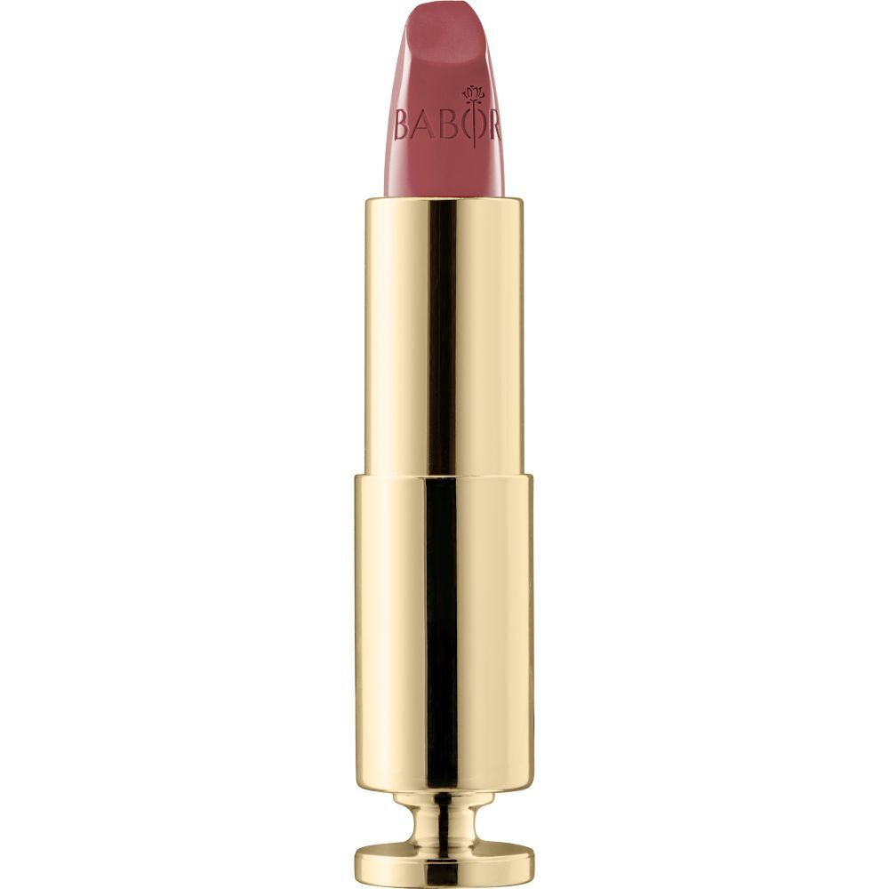 Rouge à lèvres doré avec bâton rose. Marque Babor.