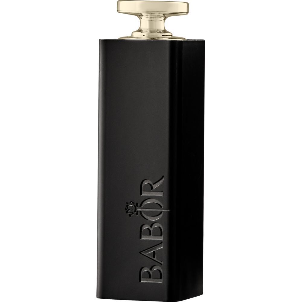 Contenant de rouge à lèvres noir avec capuchon argenté. Marque Babor.