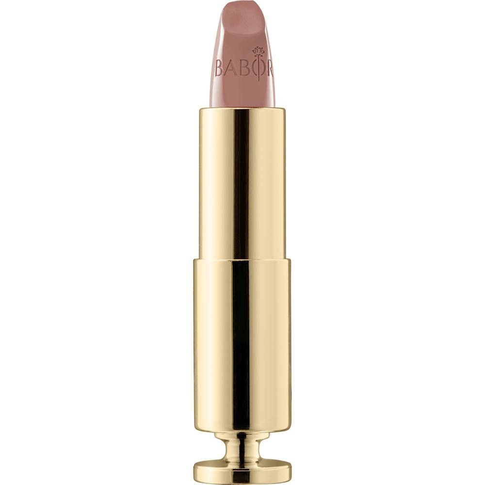Rouge à lèvres doré avec une pointe beige. Le rouge à lèvres a un étui doré et un capuchon doré.