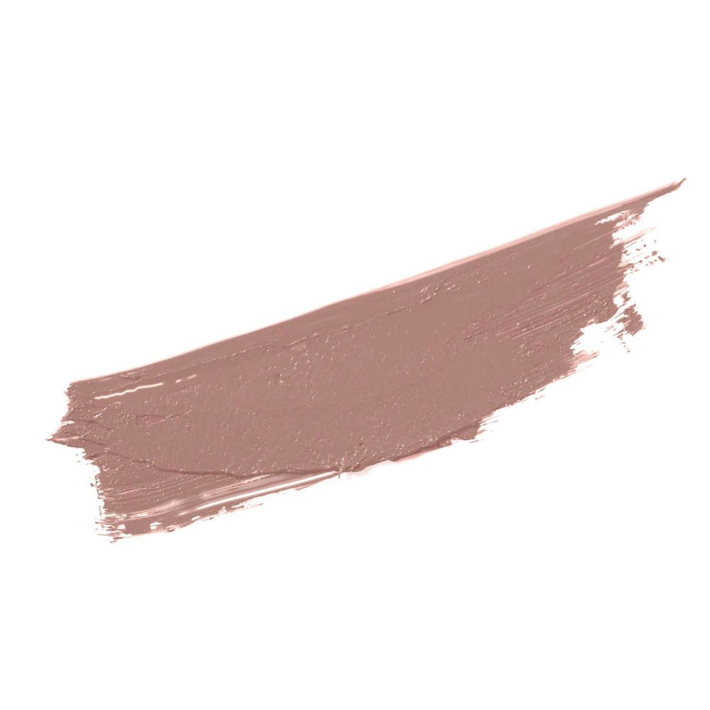 Trace de rouge à lèvres beige sur fond blanc. La trace est en biais et montre la couleur du rouge à lèvres.
