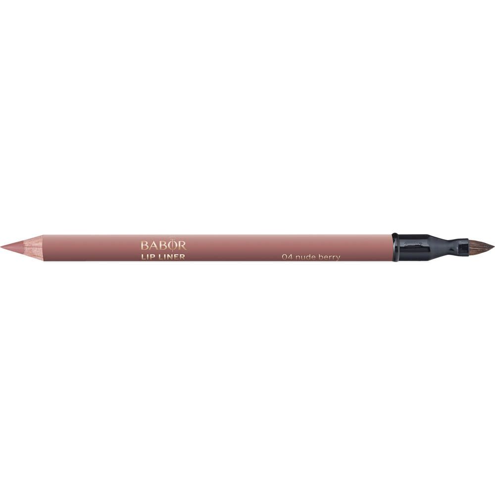 Crayon contour des lèvres, brun clair. Une extrémité pointue, l'autre avec applicateur. Inscription : Babor Lip Liner 04 Nude Berry.