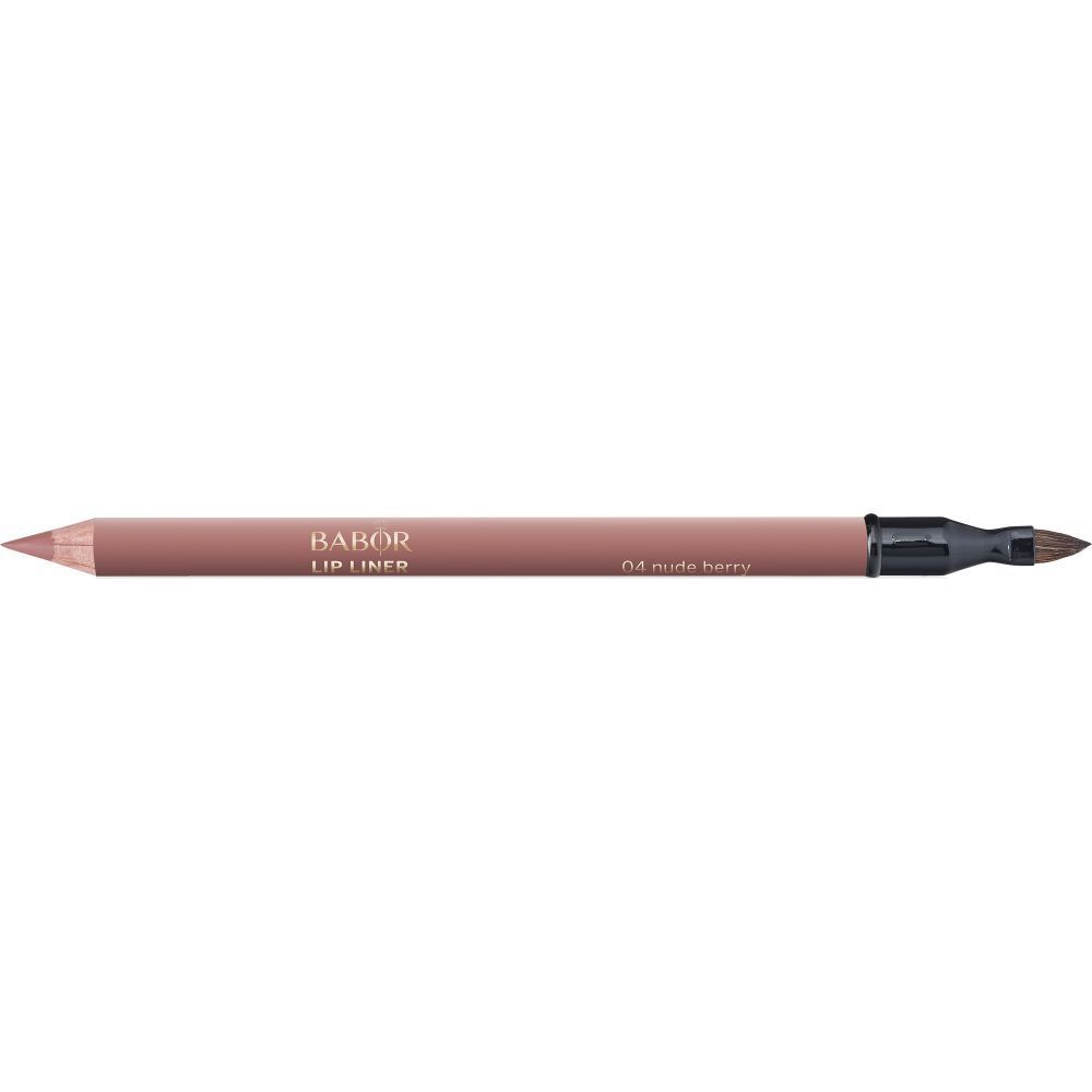 Crayon à lèvres double face, brun clair. Inscription: Babor Lip Liner 04 Nude Berry. Pointe et applicateur.