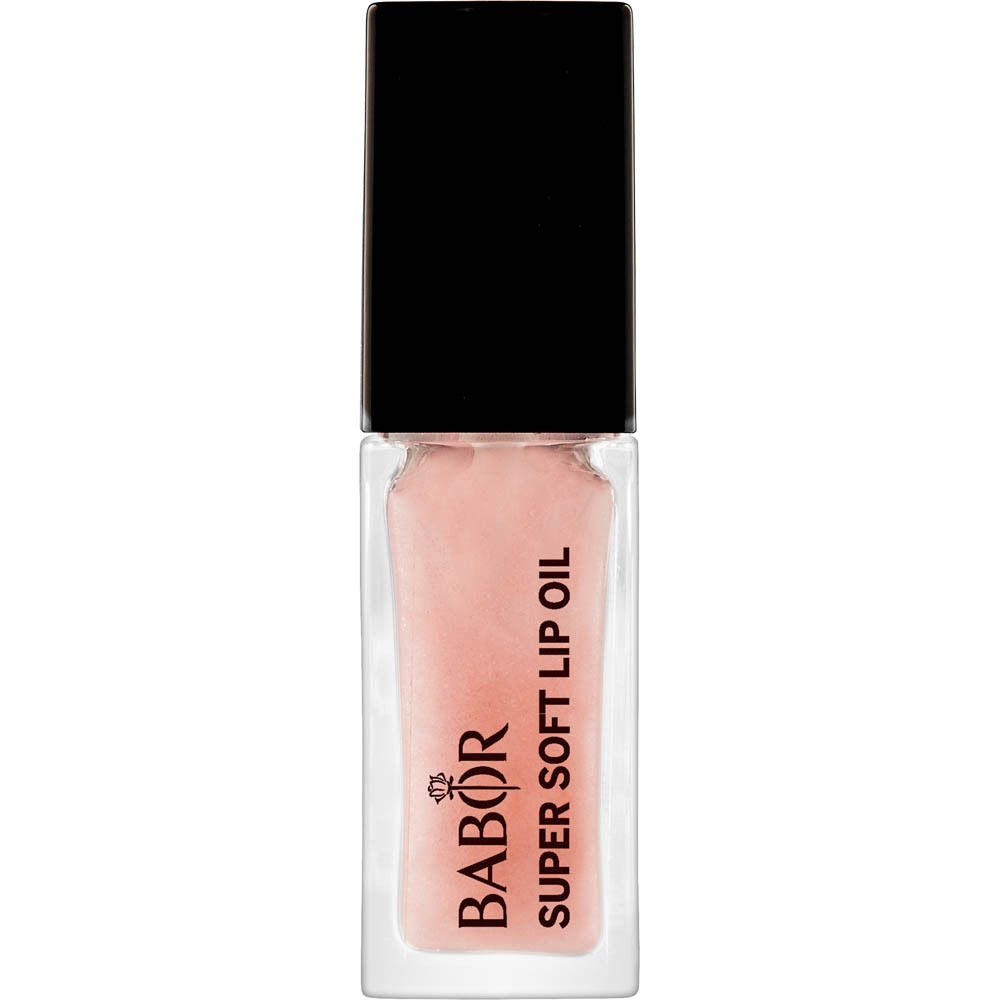 Flacon transparent d'huile à lèvres rose. Bouchon noir. Inscription : Babor, Super Soft Lip Oil.