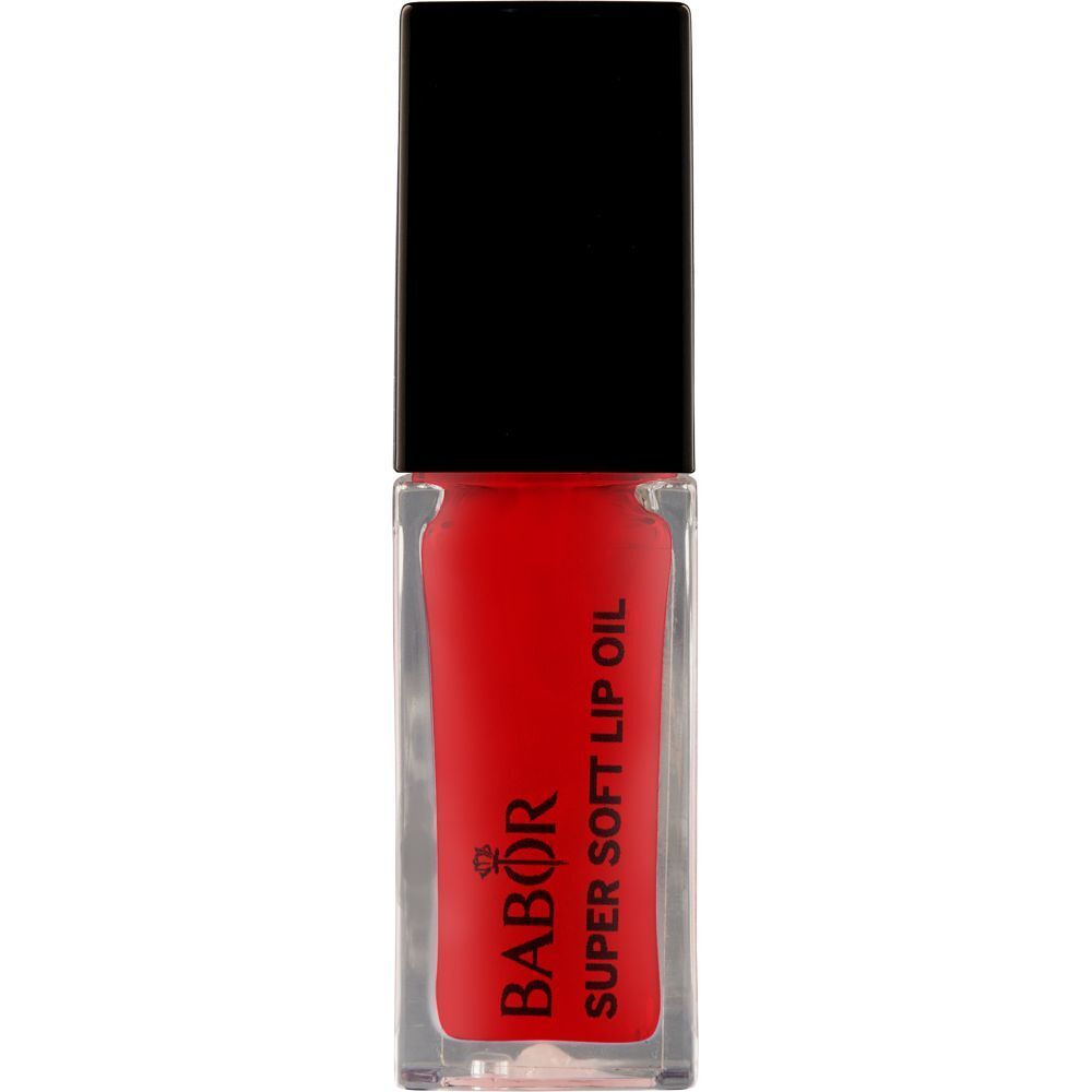 Huile à lèvres rouge dans un flacon transparent avec un bouchon noir. Inscription : BABOR, SUPER SOFT LIP OIL.