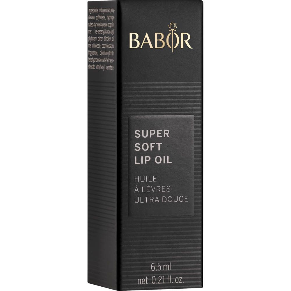 Emballage noir avec informations sur le produit. Inscription : Babor Super Soft Lip Oil, 6,5 ml.