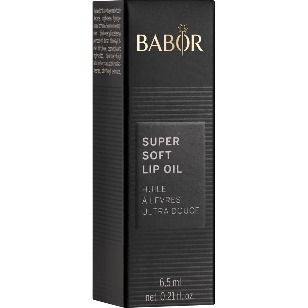 Emballage noir avec informations sur le produit. Inscription : BABOR, SUPER SOFT LIP OIL, 6,5 ml.