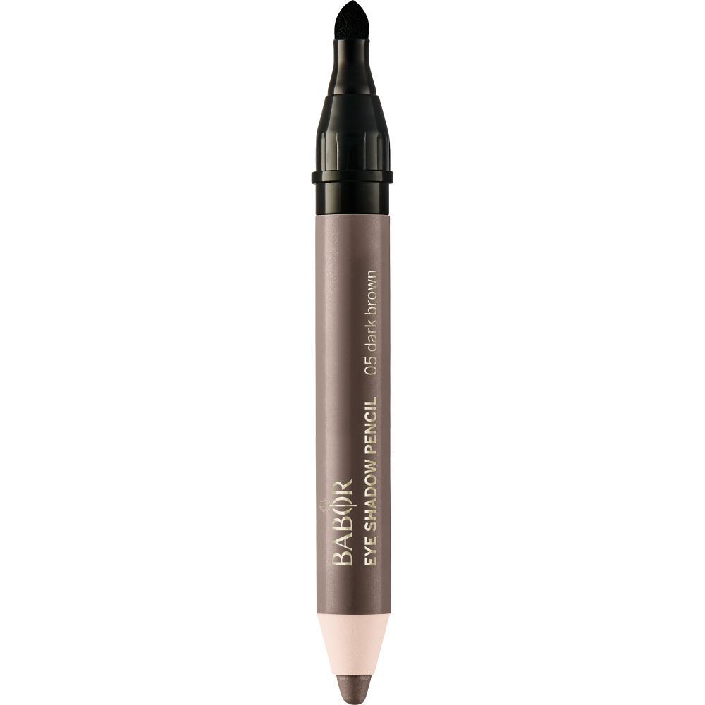 Crayon fard à paupières brun foncé, double embout. Une extrémité pointue, l'autre biseautée.