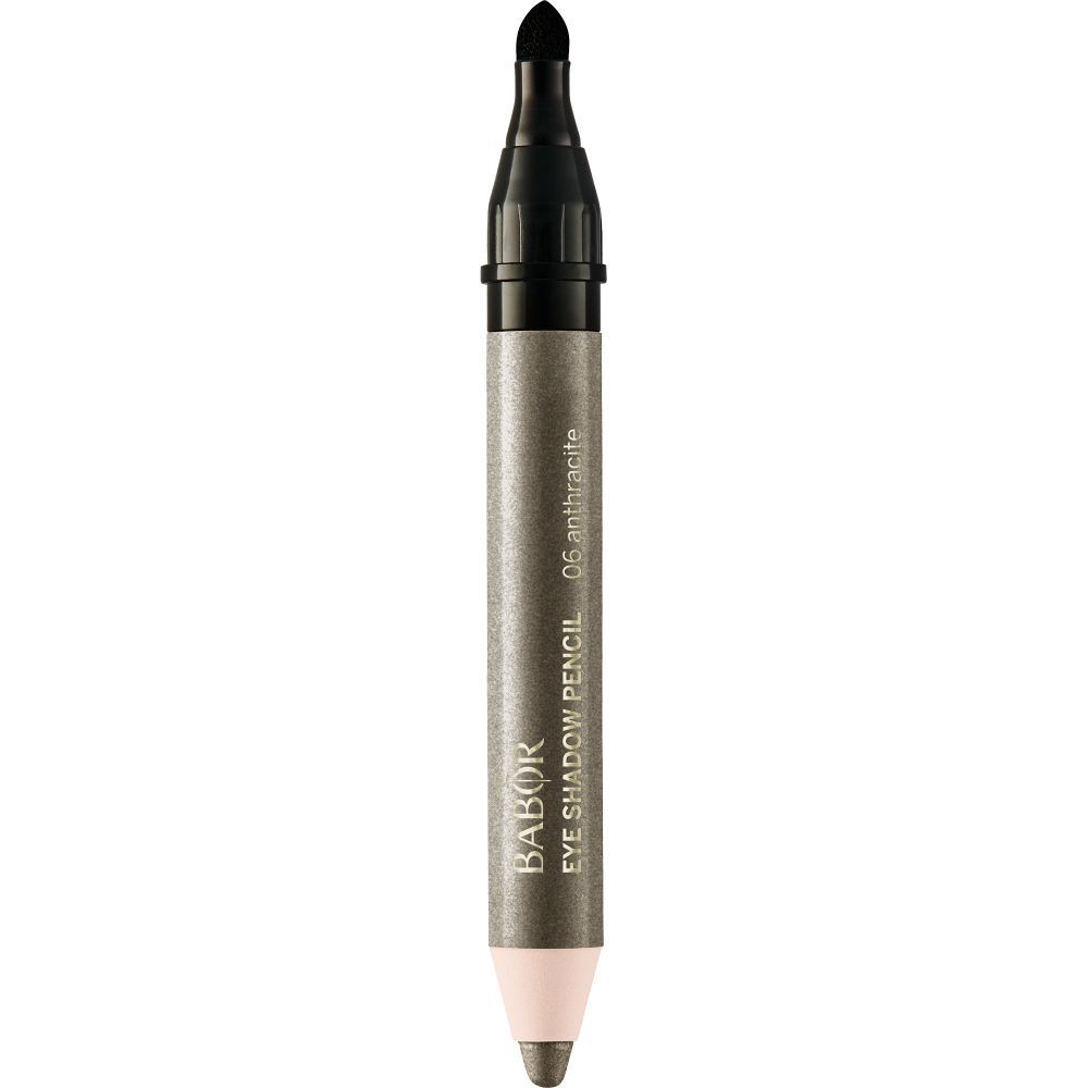 Crayon fard à paupières gris avec capuchon et pointe noirs. Inscription : Babor Eye Shadow Pencil 06 Anthrazit.