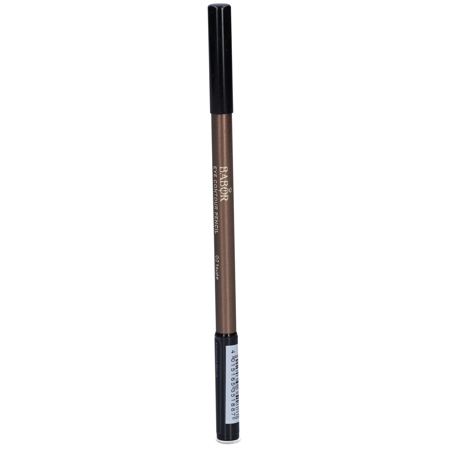 Crayon contour des yeux brun. Capuchon noir. Inscription: Babor, Eye Contour Pencil, 02 taupe. Code-barres.
