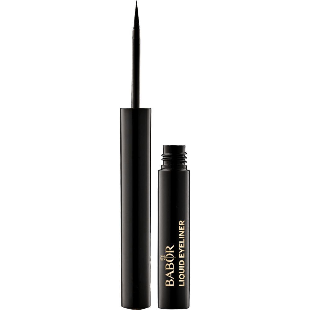 Eyeliner liquide noir Babor. Étui noir avec applicateur. Nom du produit et marque visibles.
