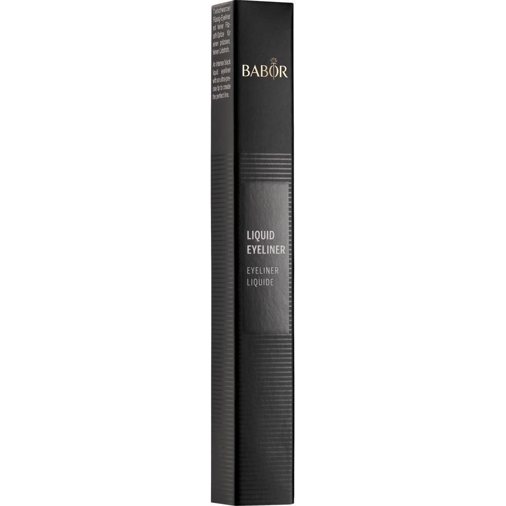 Emballage noir pour eyeliner liquide. Marque et nom du produit visibles. Forme rectangulaire fine.