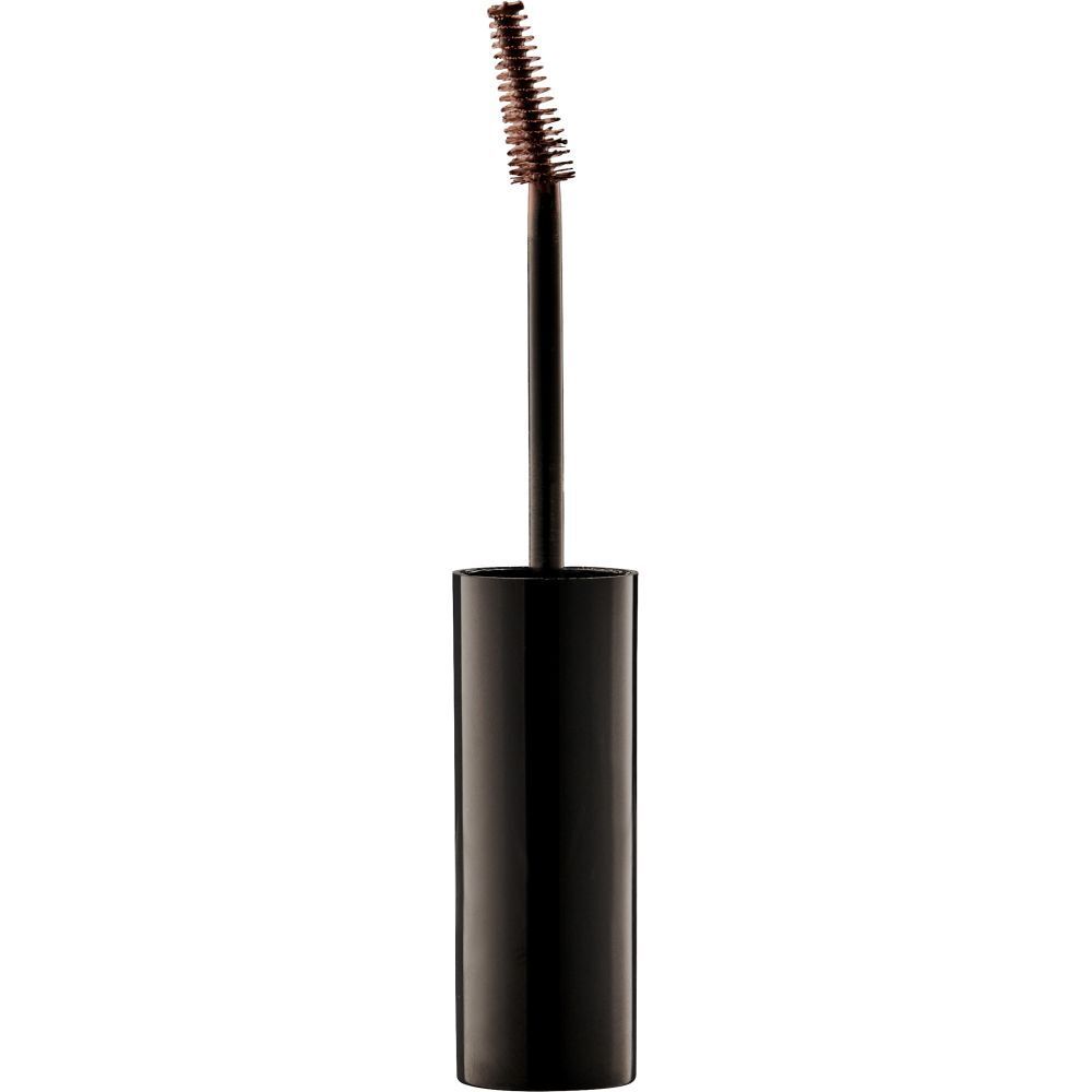 Brosse à mascara noire avec poils bruns, dépassant d'un étui noir.