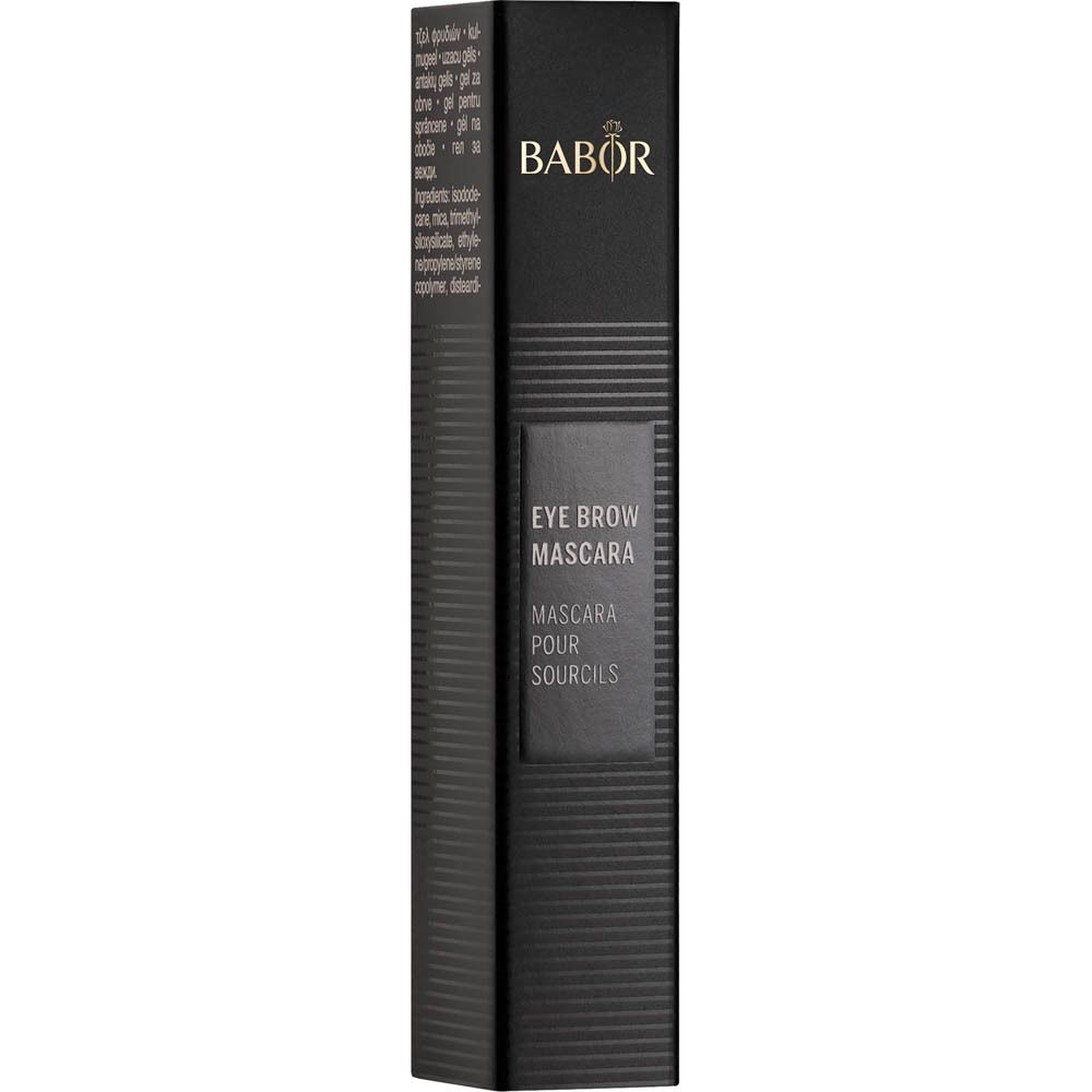 Emballage noir de la mascara pour sourcils. Texte : "Eye Brow Mascara" et logo.