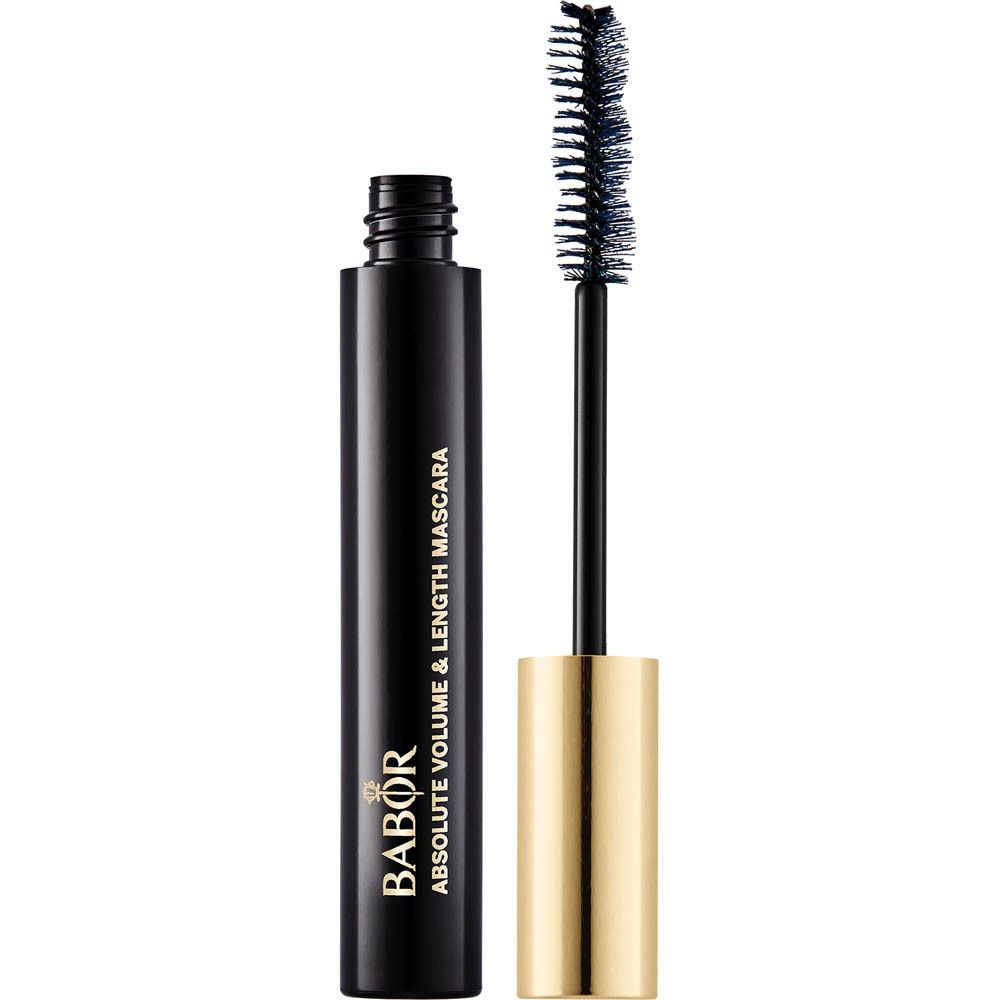 Tube de mascara noir ouvert avec brosse. Capuchon doré. Inscription : Babor Absolute Volume & Length Mascara.