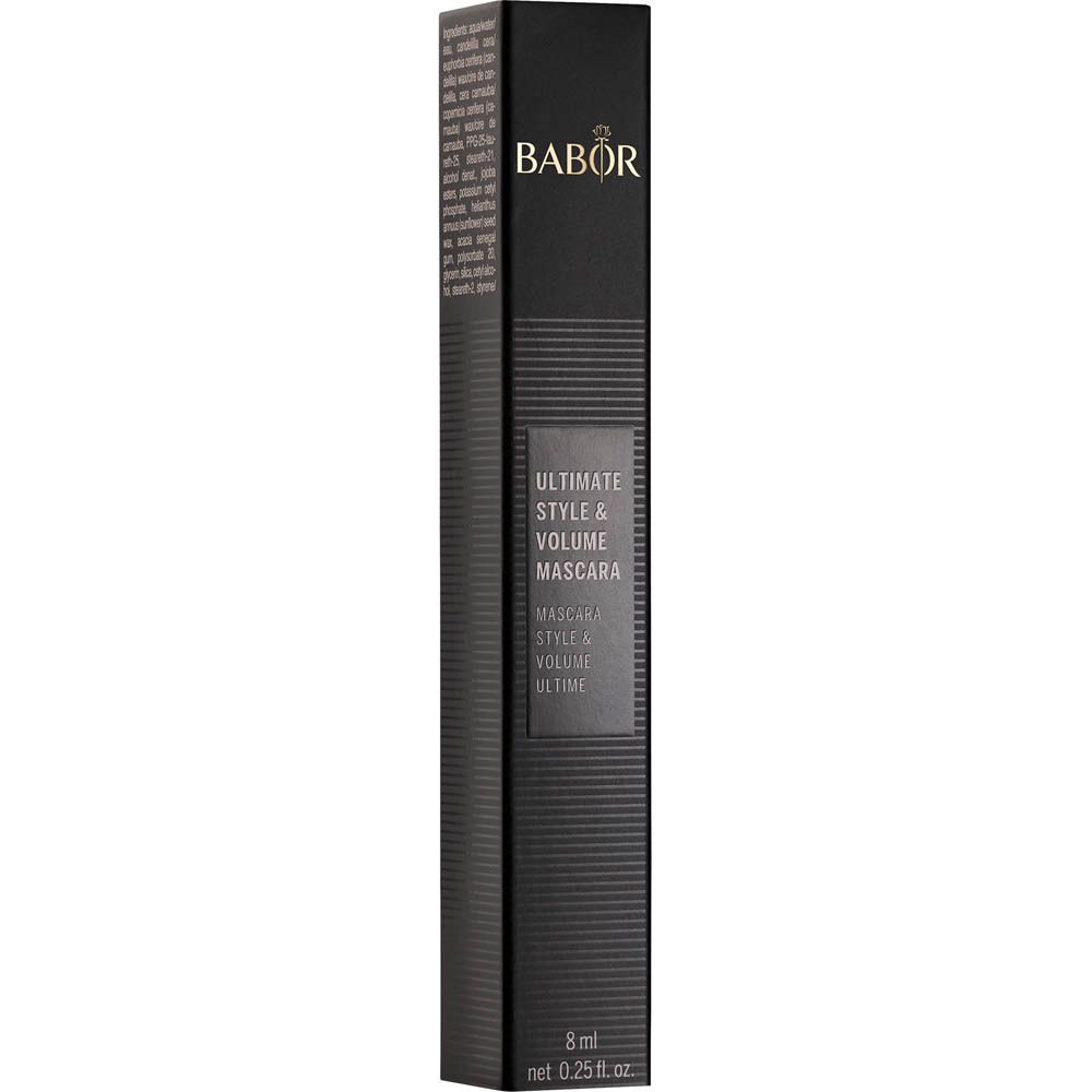 Emballage noir avec texte. Marque : Babor. Produit : Ultimate Style & Volume Mascara. 8 ml.