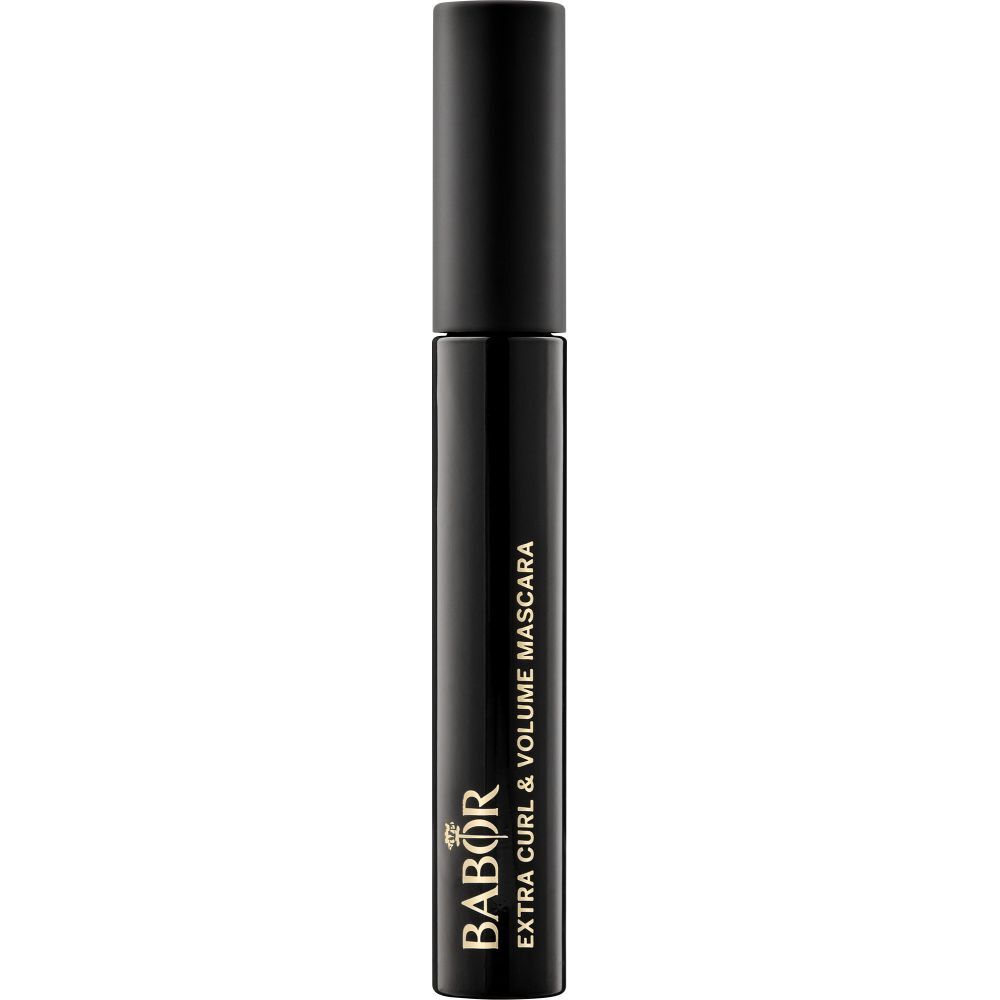 Tube de mascara noir avec bouchon noir. Inscription : Babor Extra Curl & Volume Mascara.