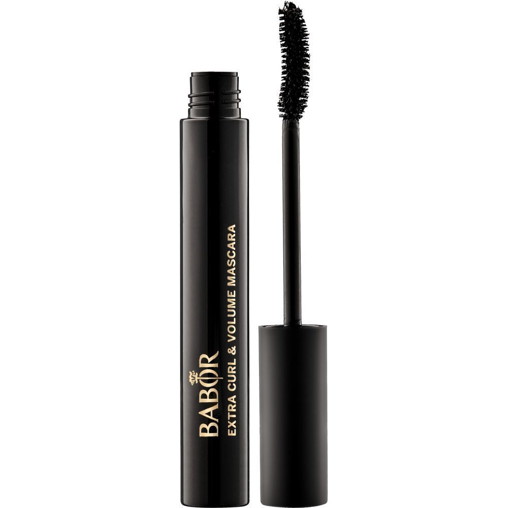 Tube de mascara noir avec brosse. Inscription : Babor Extra Curl & Volume Mascara.