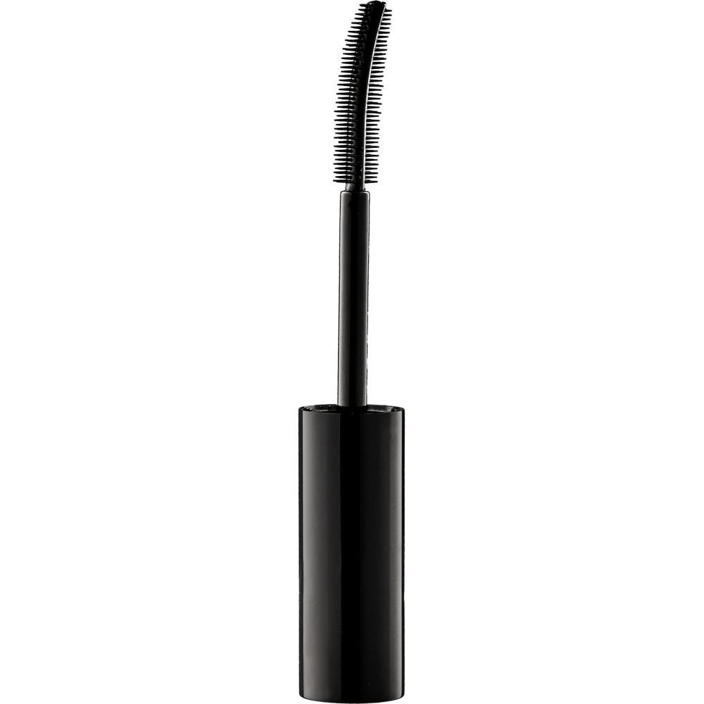 Brosse de mascara noire avec manche noir. Les poils sont visibles.