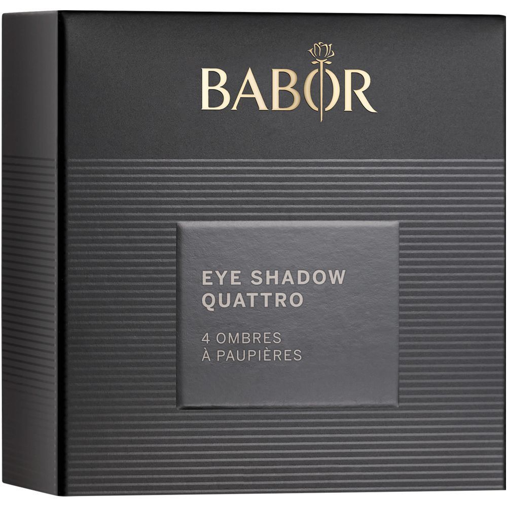 Emballage noir avec logo BABOR et texte : EYE SHADOW QUATTRO, 4 OMBRES À PAUPIÈRES.