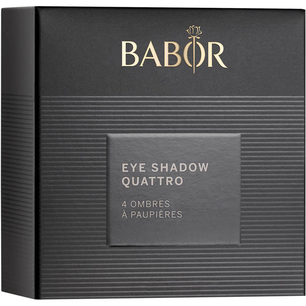 Emballage noir avec logo Babor et nom du produit: Eye Shadow Quattro. Contient quatre Ombre à Paupières.