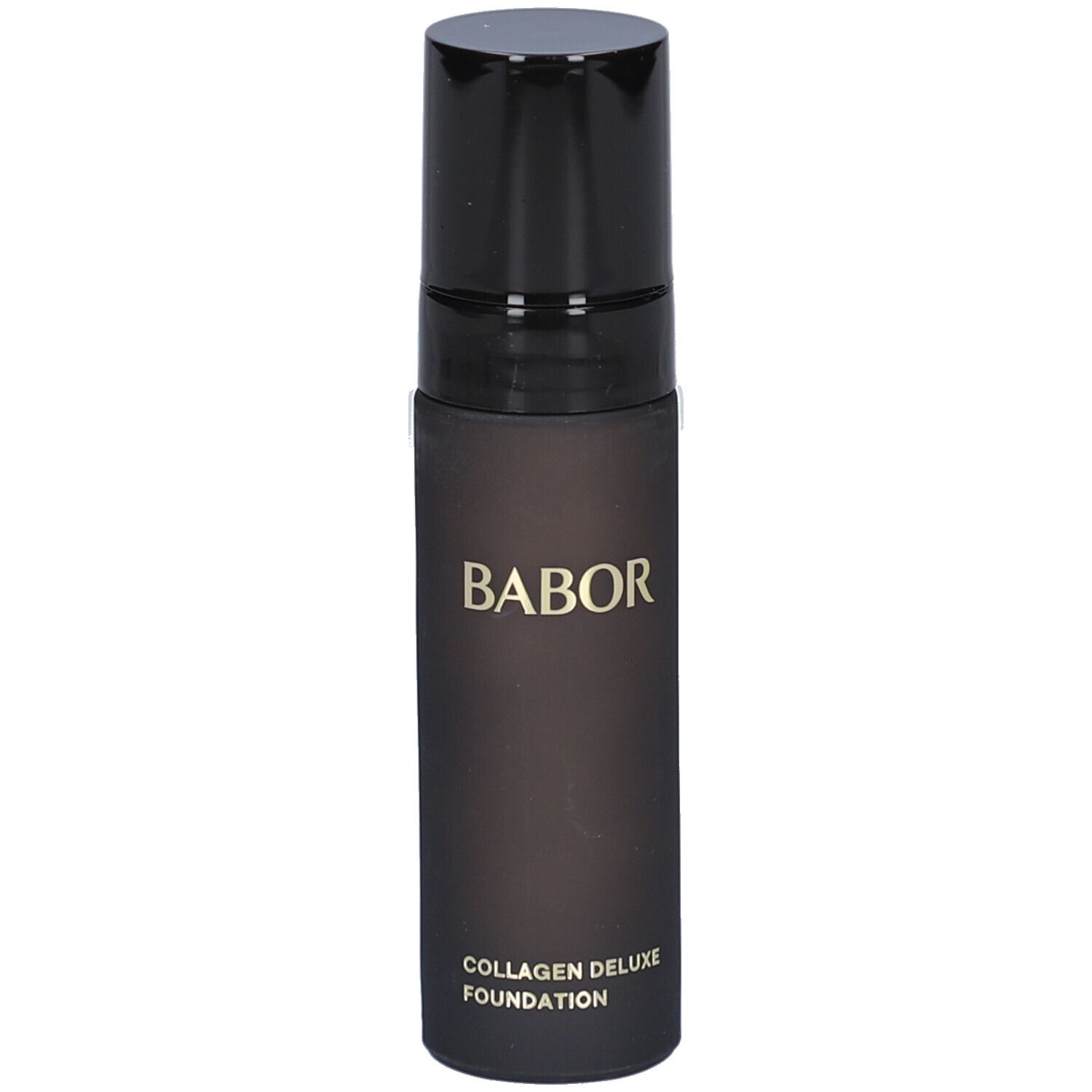 Flacon de fond de teint Babor Collagen Deluxe. Flacon noir-brun avec bouchon noir. Inscription dorée.
