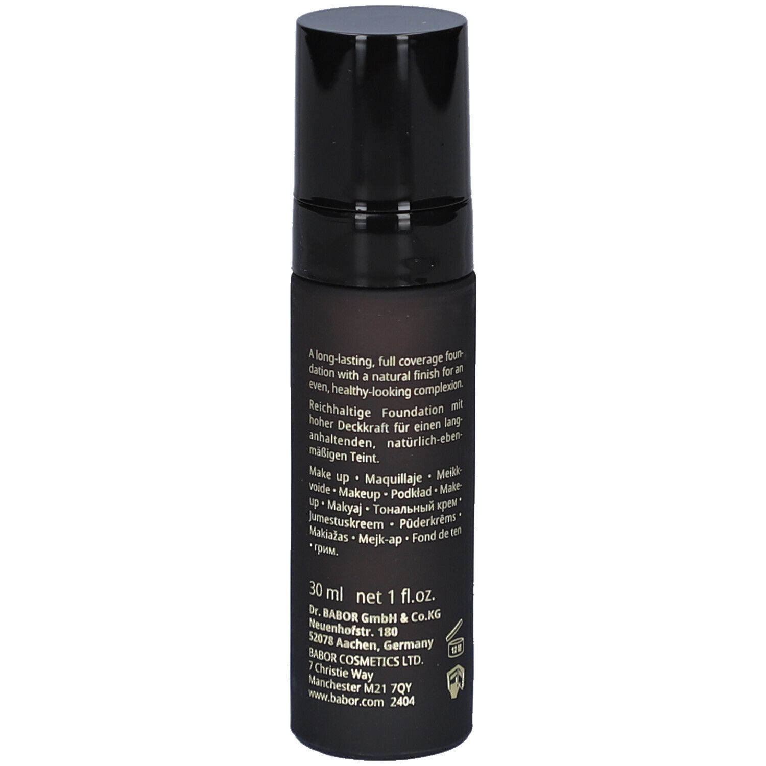 Flacon de fond de teint Babor Collagen Deluxe. Flacon noir avec texte. Bouchon noir. 30 ml.