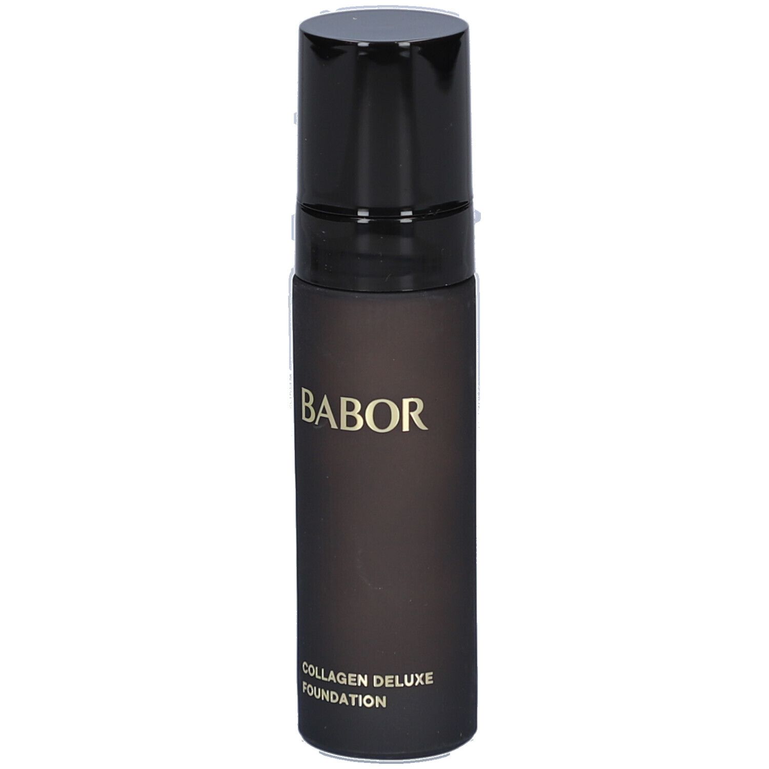 Flacon de fond de teint Babor Collagen Deluxe. Flacon noir avec bouchon noir. Inscription dorée.