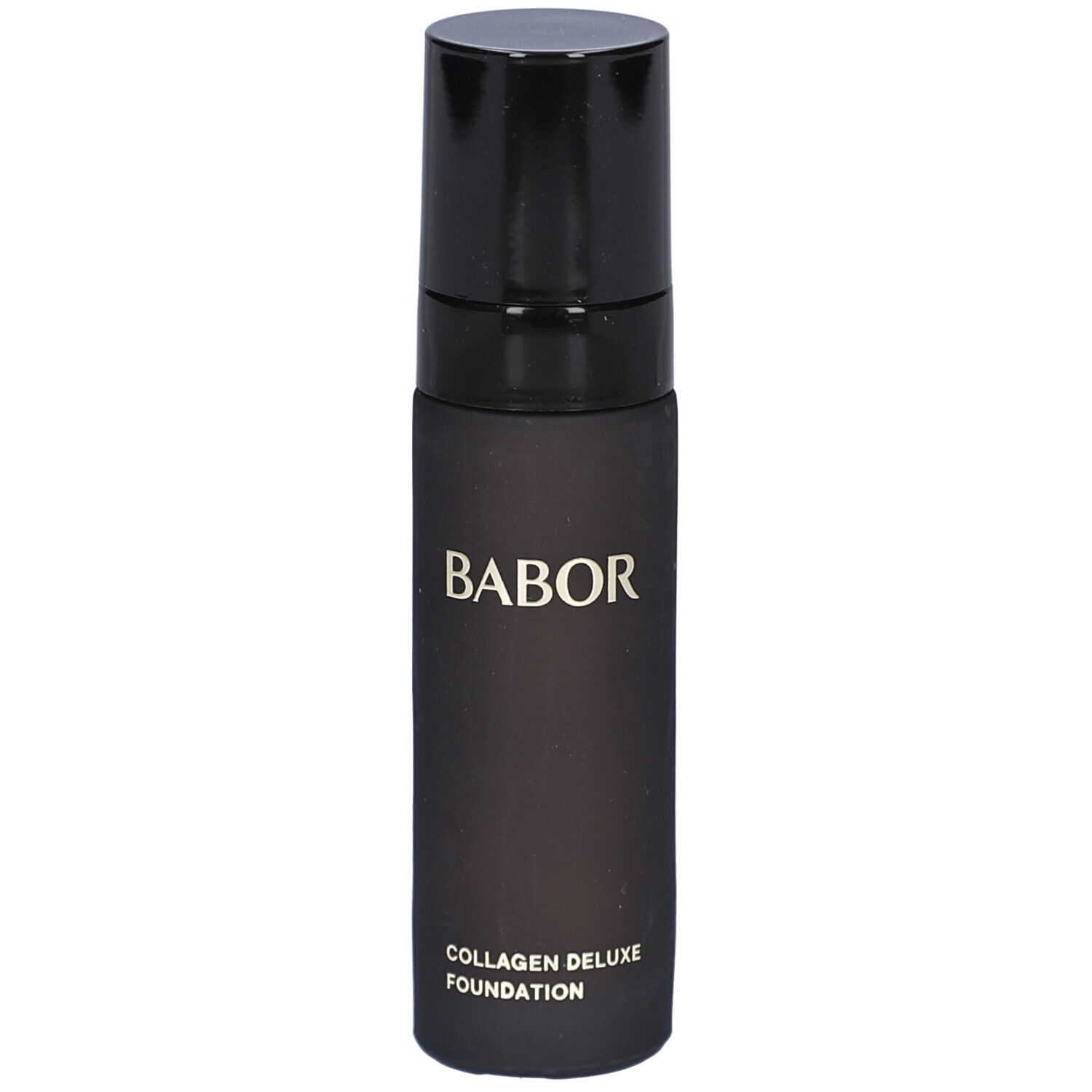 Flacon noir avec bouchon noir. Logo BABOR et Collagen Deluxe Foundation. Vue de face.