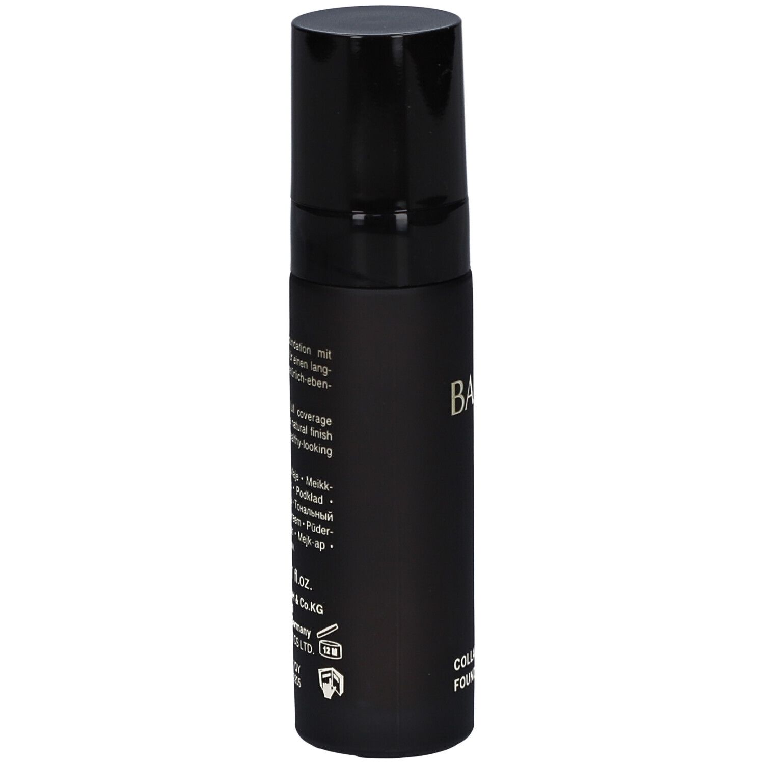Flacon noir BABOR Foundation. Vue latérale. Texte sur le flacon. Bouchon en haut.