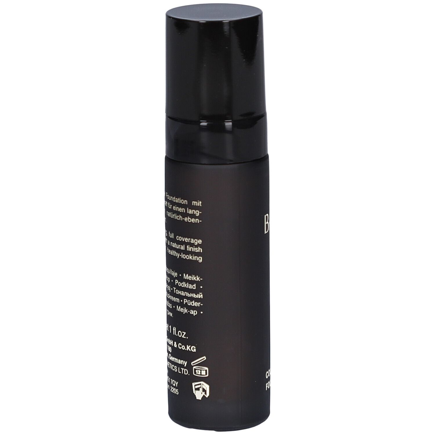 Flacon noir BABOR Foundation. Texte sur le flacon. 30 ml. Bouchon en haut.