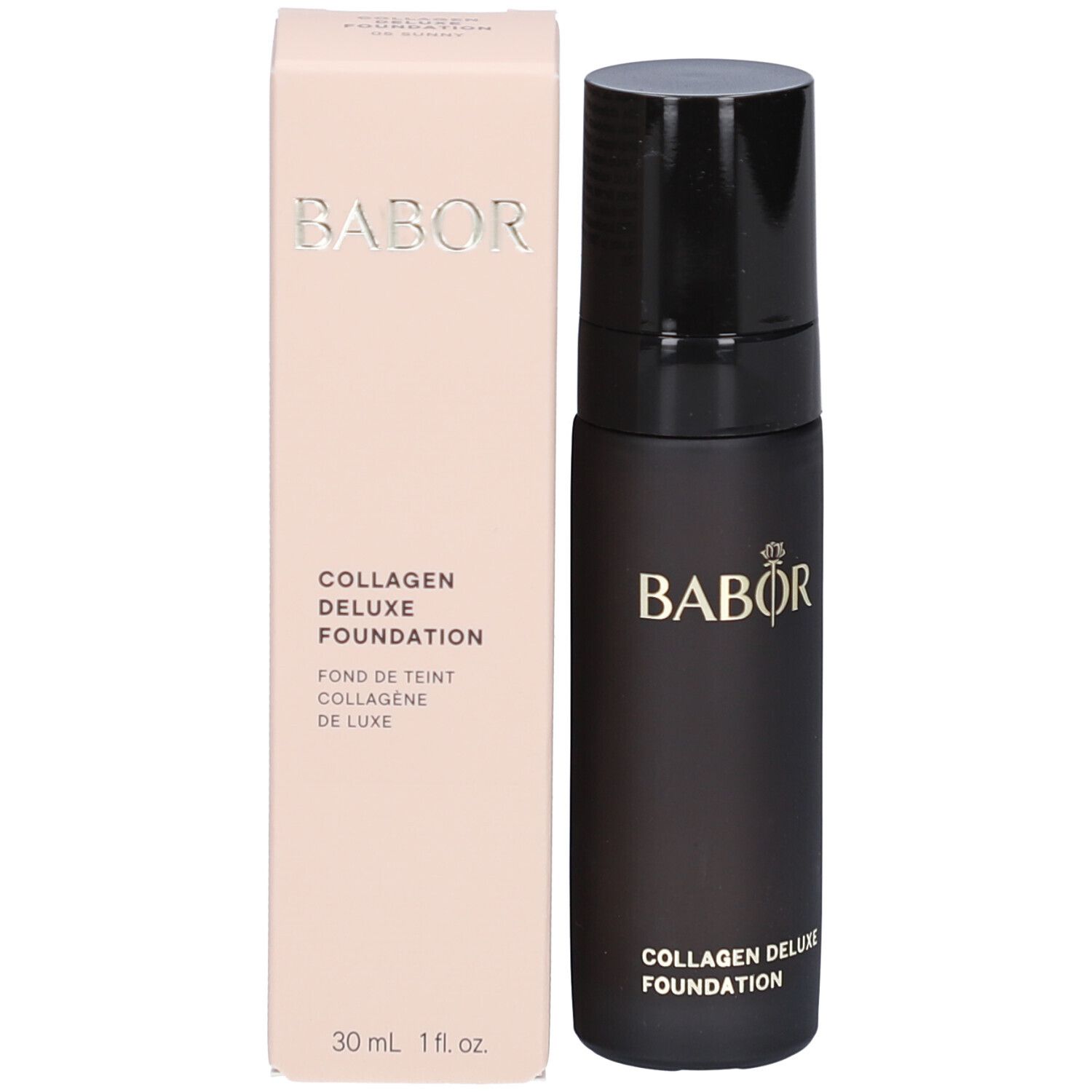 Flacon et emballage BABOR Foundation. Logo BABOR. Texte: Collagen Deluxe Foundation. 30 ml.