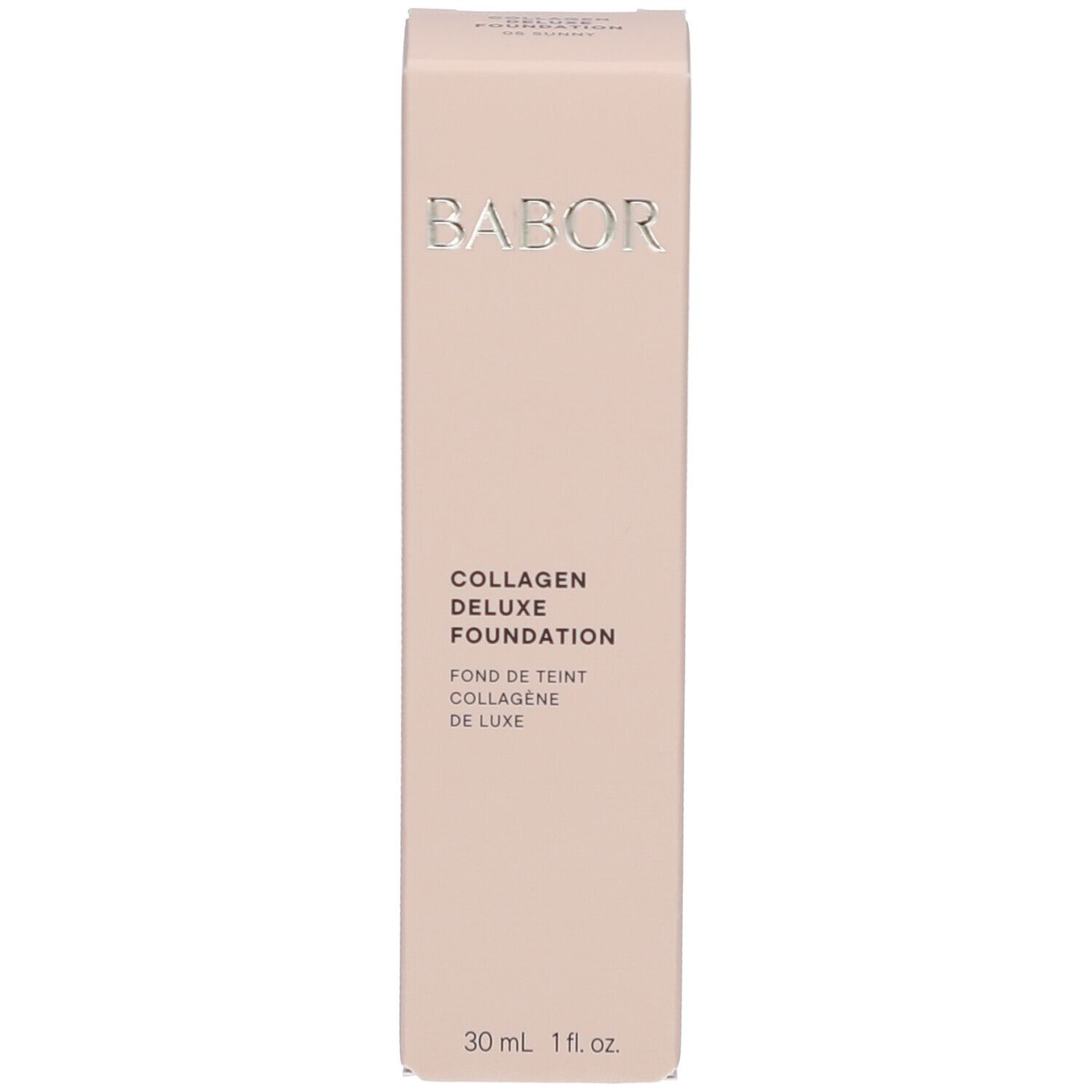 Emballage BABOR Foundation. Logo BABOR. Texte: Collagen Deluxe Foundation. 30 ml.