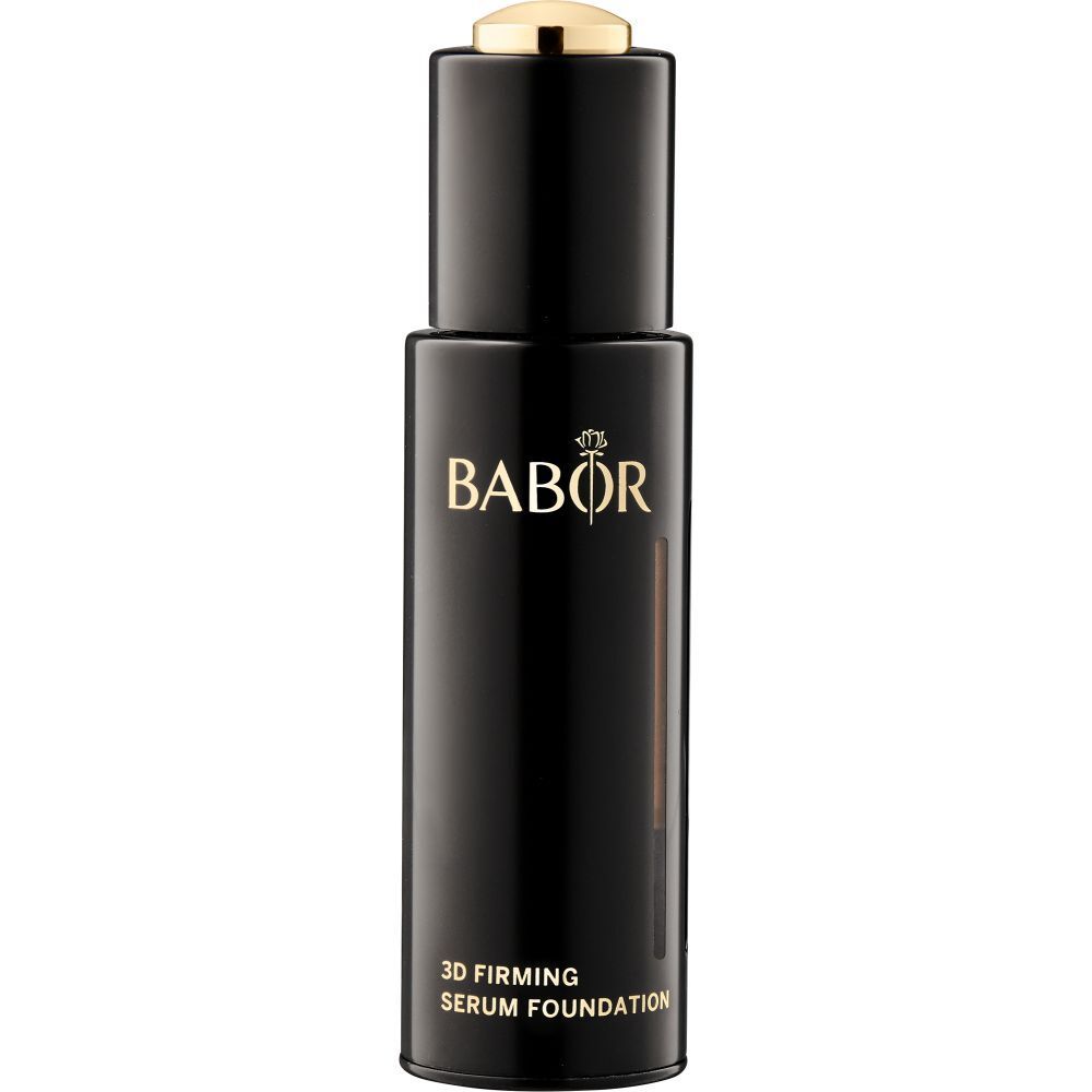 Flacon noir avec bouchon doré. Logo BABOR et inscription "3D Firming Serum Foundation".