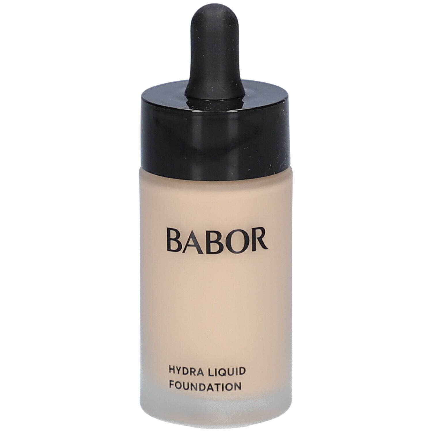 Flacon de fond de teint avec bouchon noir et pipette. BABOR et HYDRA LIQUID FOUNDATION visibles.