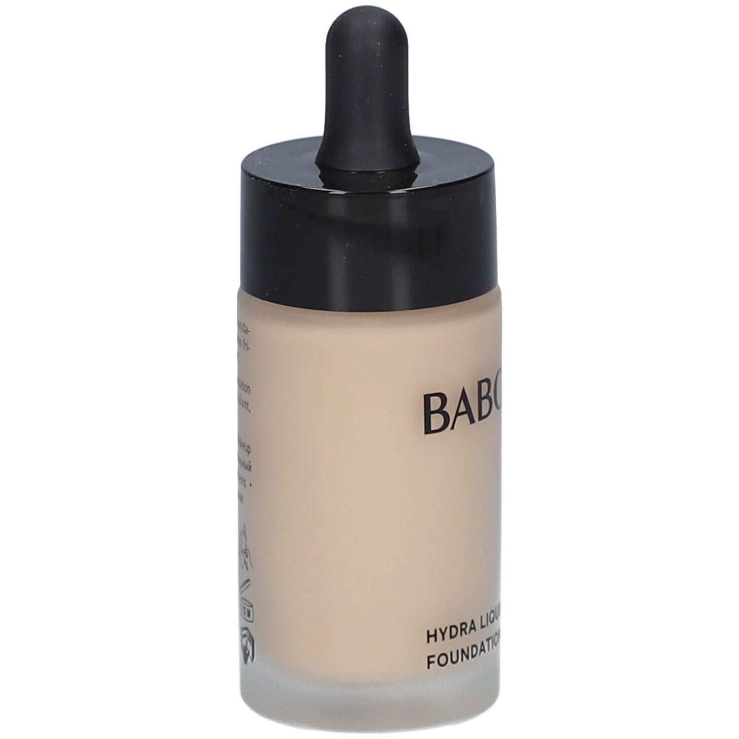 Flacon de fond de teint avec bouchon noir et pipette. Nom du produit et texte visibles.