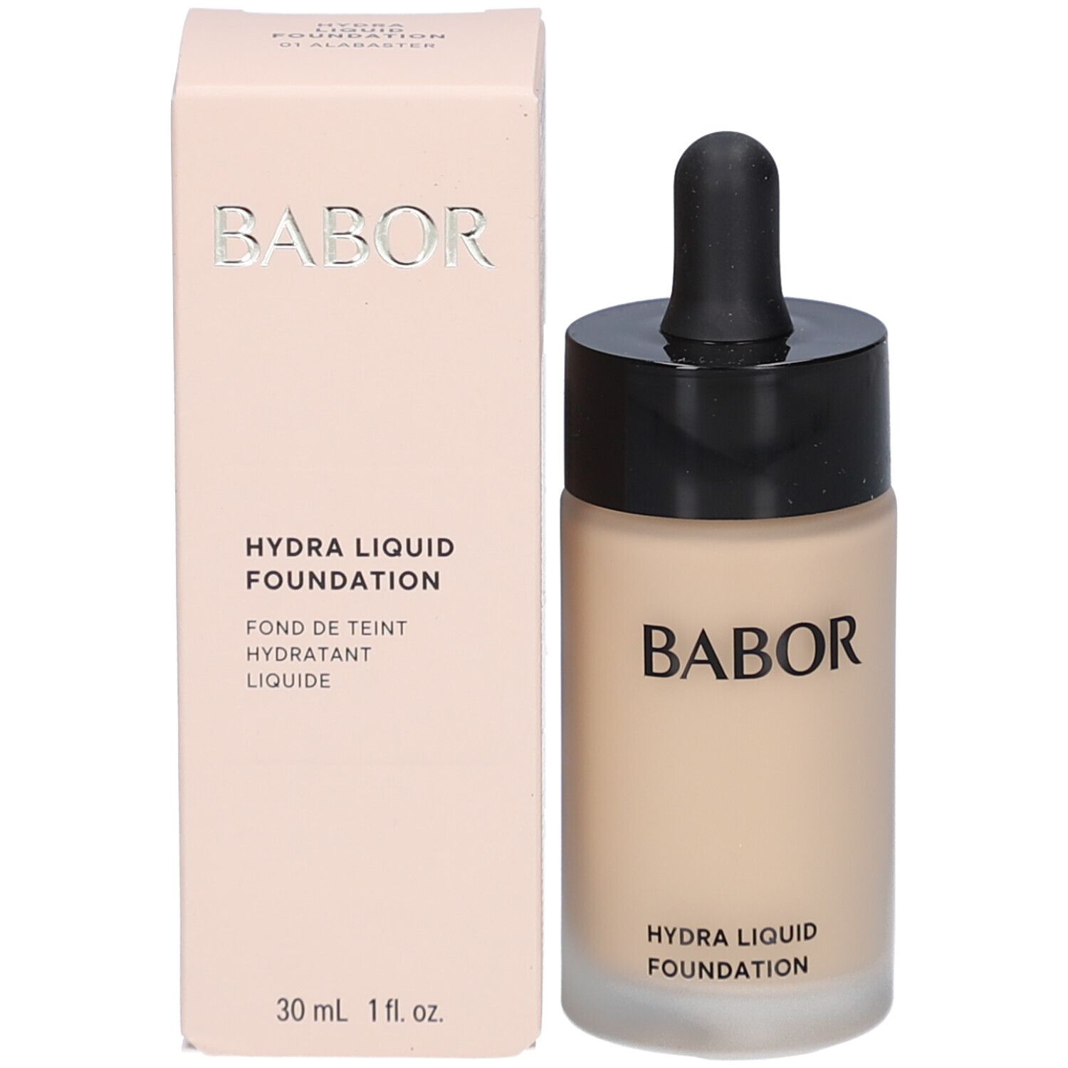 Flacon de fond de teint et emballage. BABOR, HYDRA LIQUID FOUNDATION, 30 ml et 1 fl. oz. visibles.