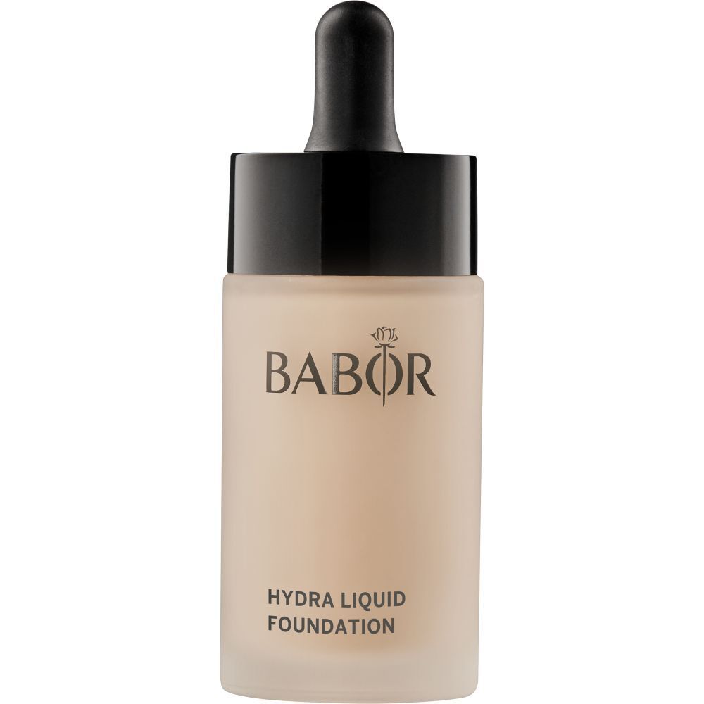 Flacon de fond de teint liquide avec bouchon noir et pipette. Marque BABOR, texte HYDRA LIQUID FOUNDATION.