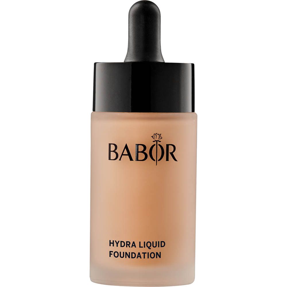Flacon de fond de teint avec bouchon noir et pipette. Marque Babor, nom du produit Hydra Liquid Foundation.