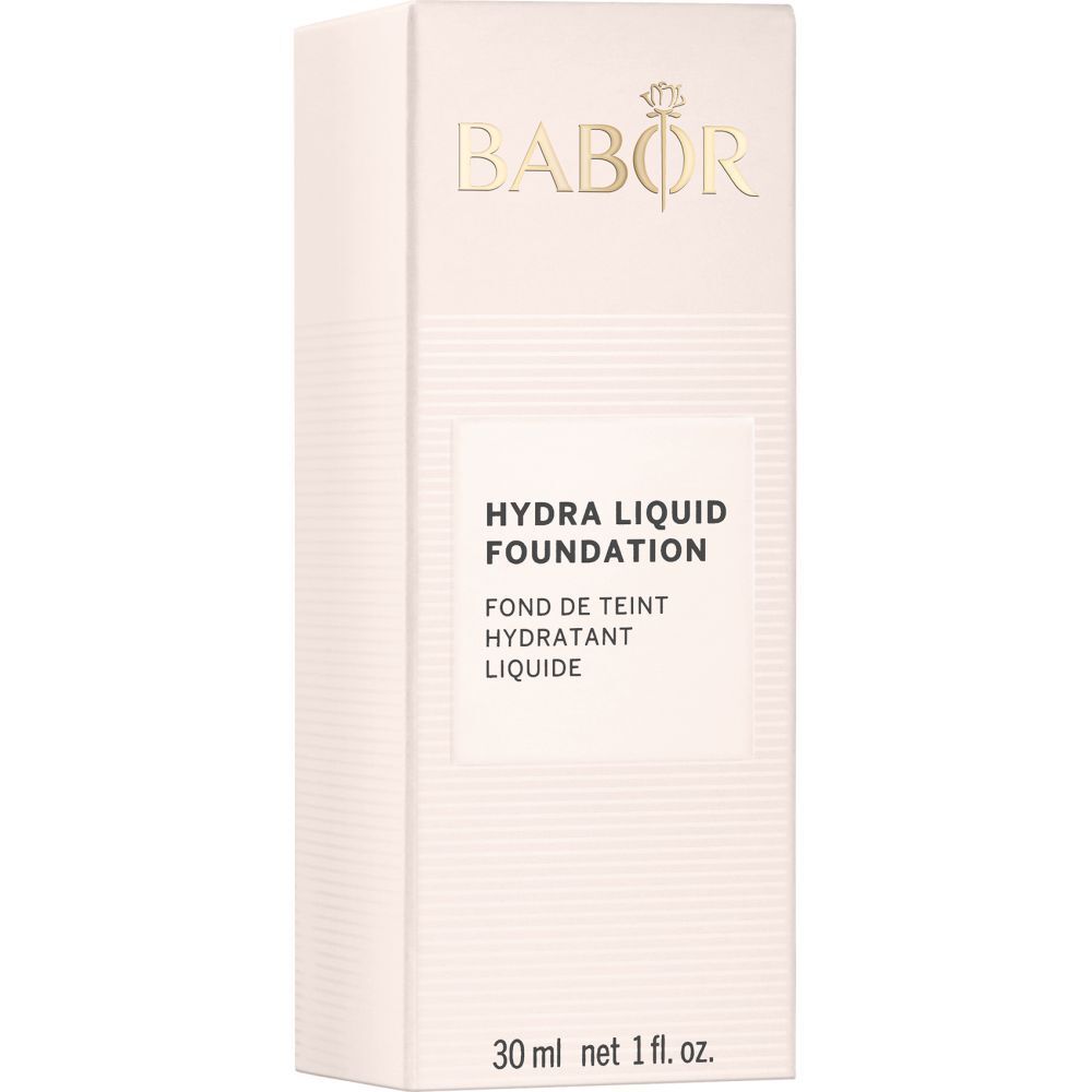Emballage du fond de teint. Boîte rectangulaire avec inscription Babor, Hydra Liquid Foundation et 30 ml.