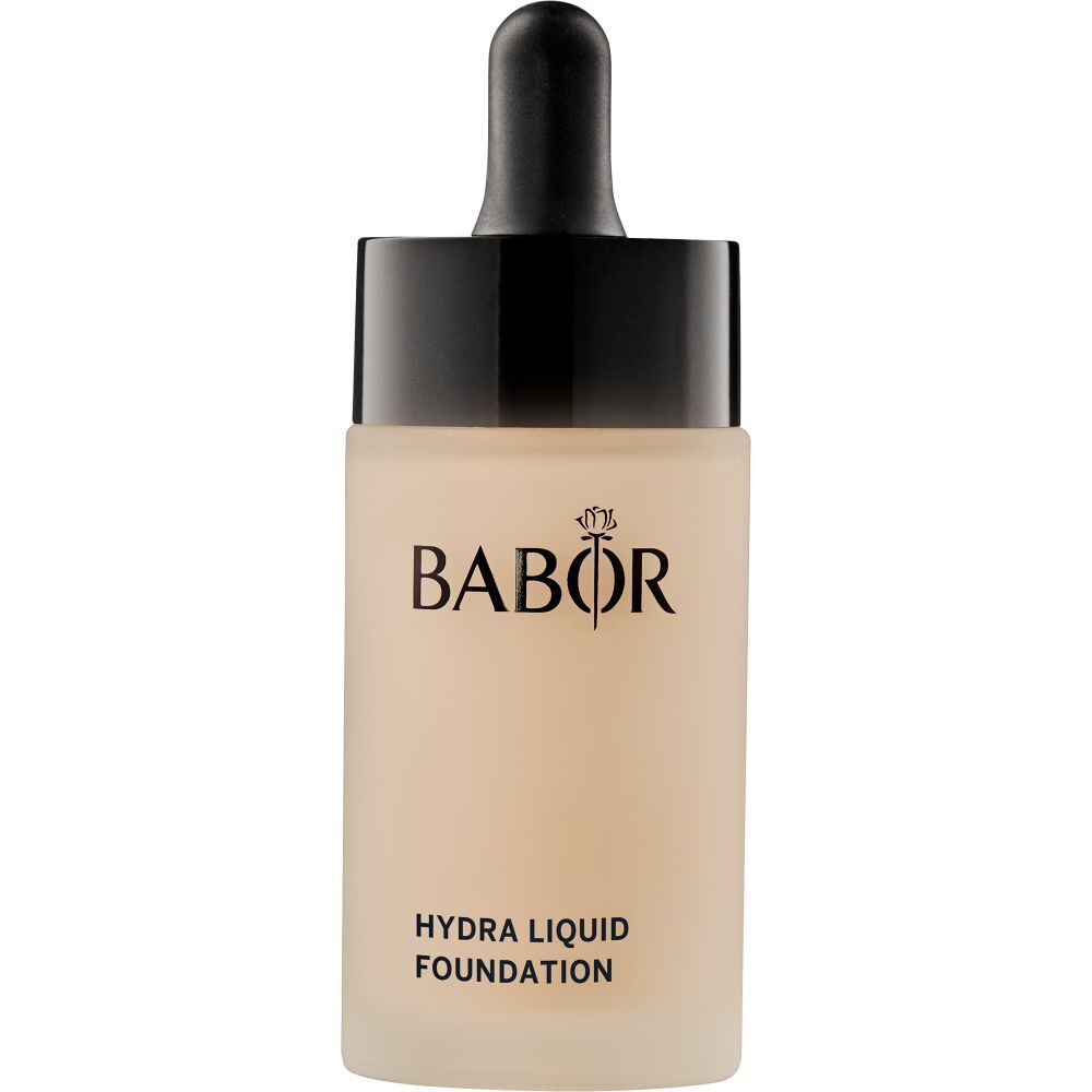 Fond de teint liquide dans un flacon en verre avec bouchon noir et pipette. Marque : Babor. Texte : Hydra Liquid Foundation.