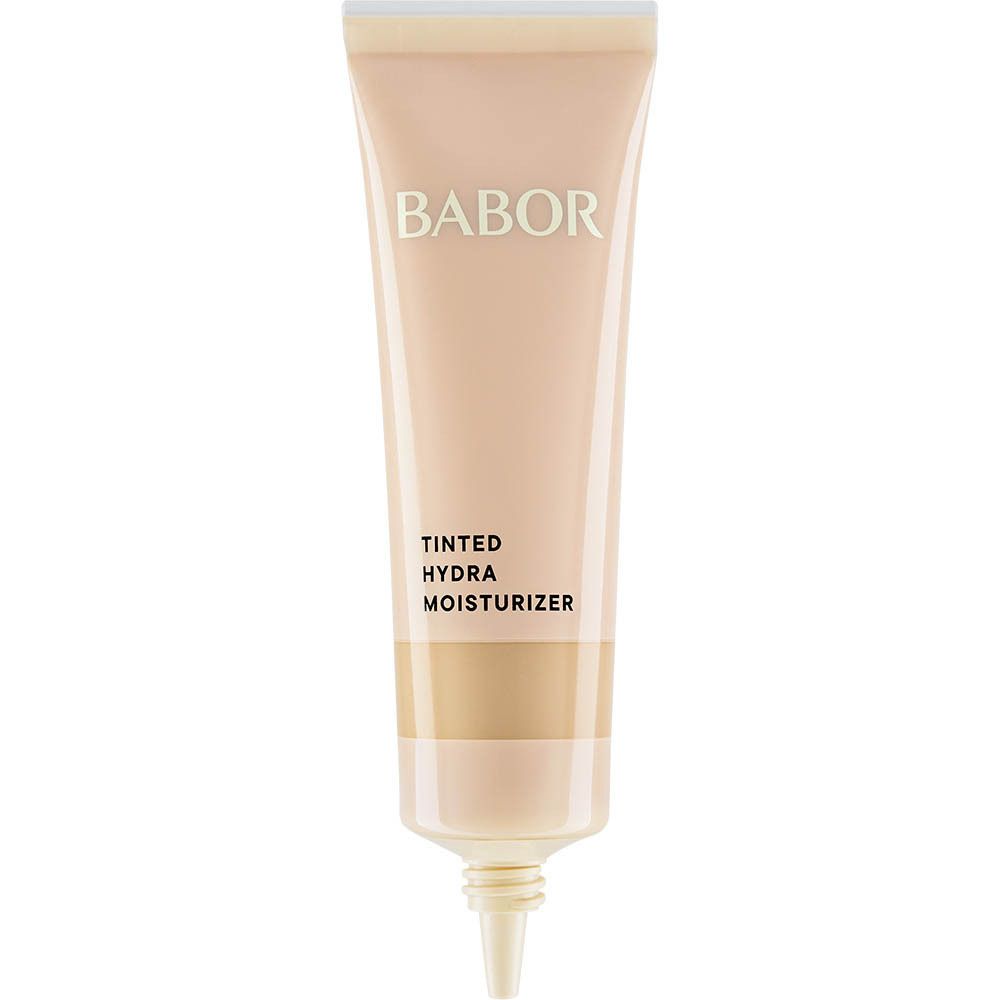 Tube BABOR® Tinted Hydra Moisturizer. Tube beige avec pompe noire. Texte: TINTED HYDRA MOISTURIZER.
