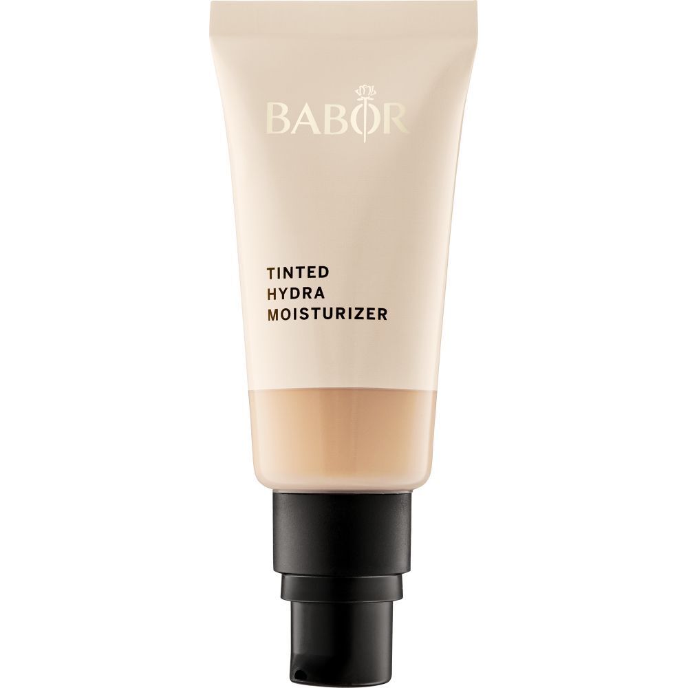 Tube BABOR Tinted Hydra Moisturizer. Tube beige avec pompe noire. Nom du produit et marque visibles.