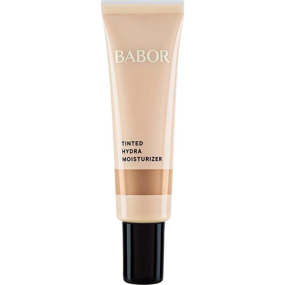 Tube BABOR®. Crème hydratante teintée. Tube beige avec bouchon noir. Nom du produit et marque visibles.