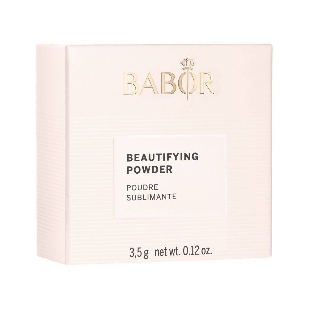 Emballage beige avec logo Babor et informations produit. Texte: BEAUTIFYING POWDER, 3,5 g net wt. 0.12 oz.